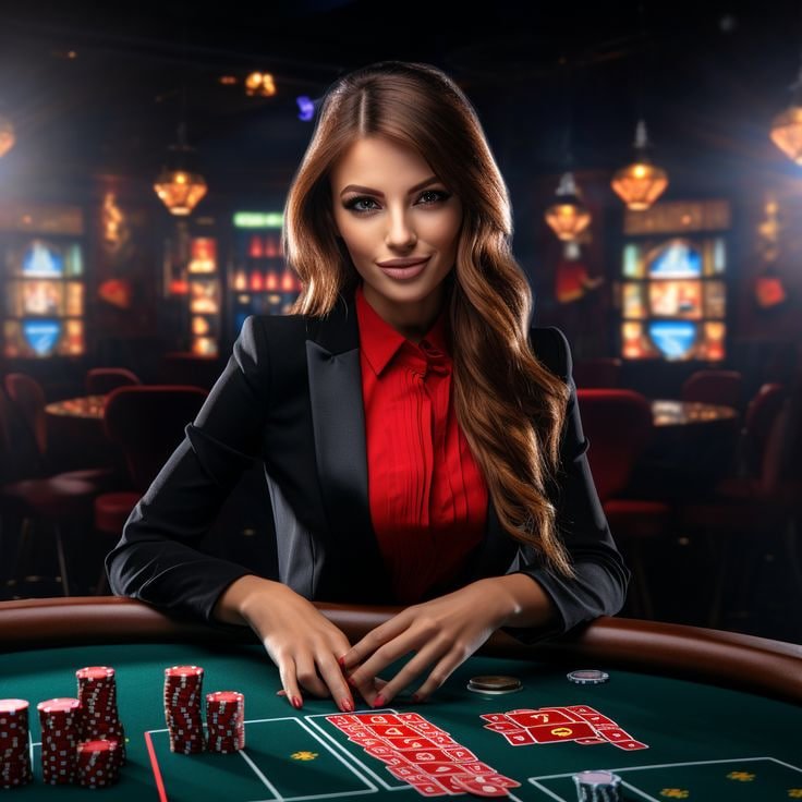 Live casino dealer at multi-camera table studio